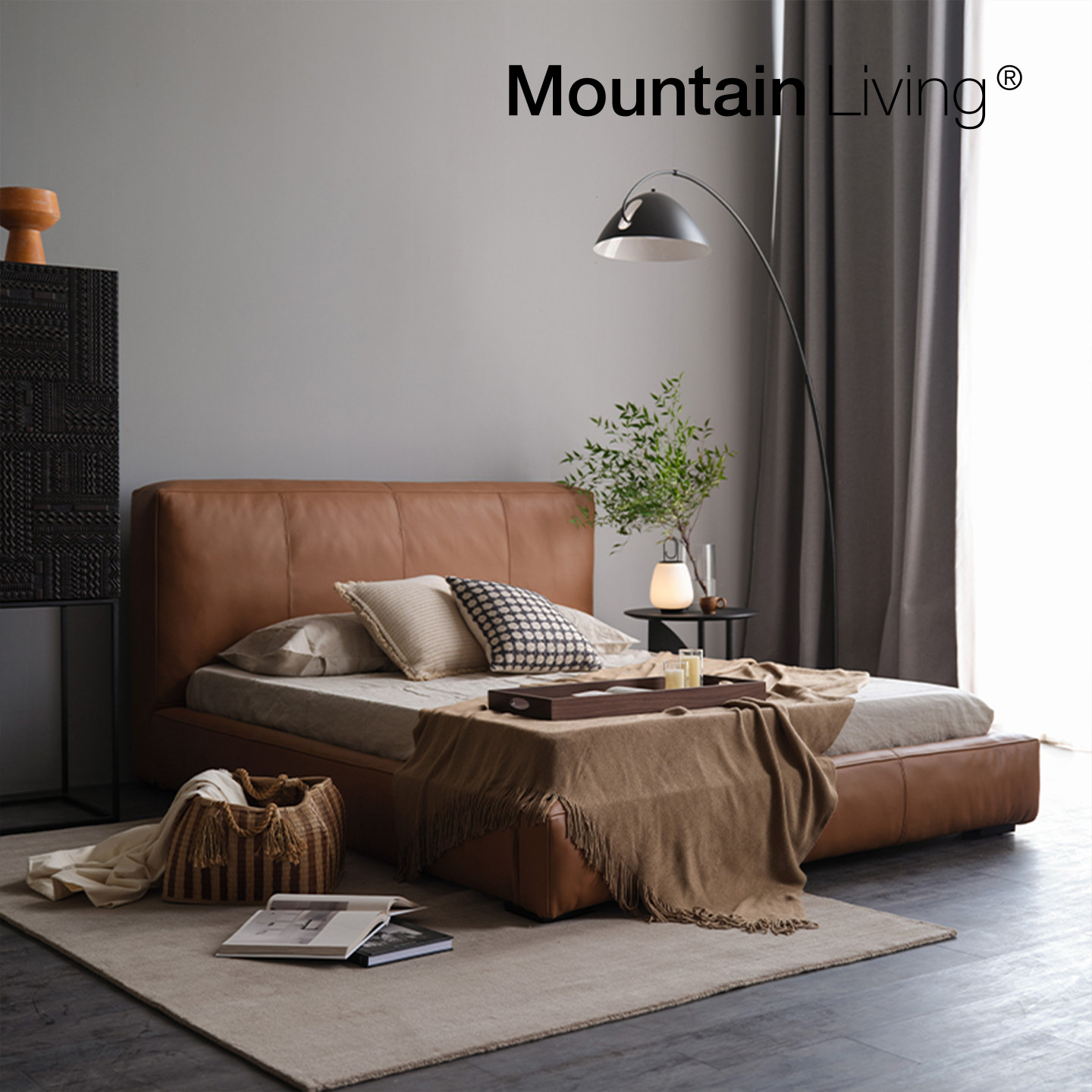 Mountain Living头层牛皮真皮床双人床架主卧大床家具软包棕色