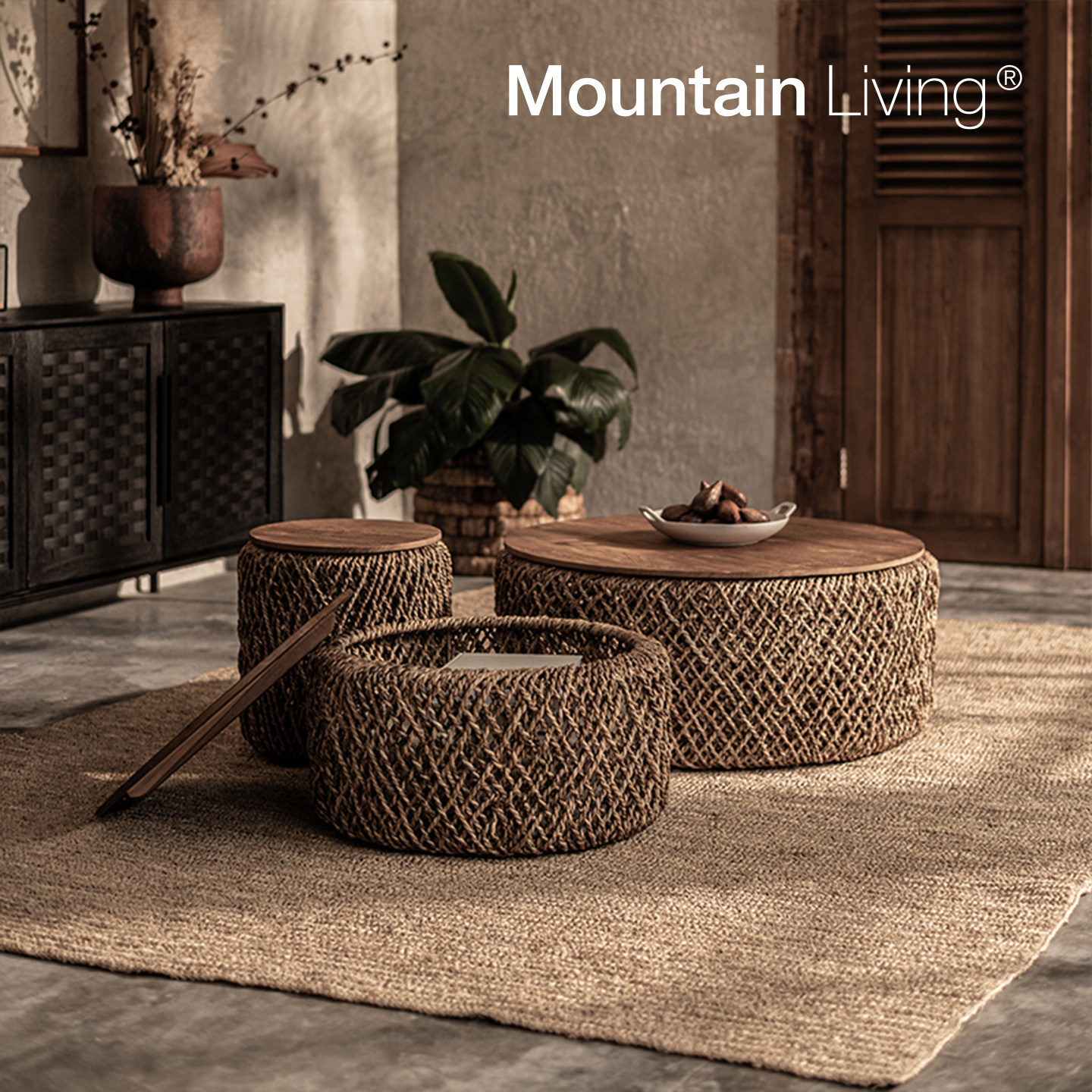 Mountain Living进口藤编织圆形茶几客厅家用小茶桌茶台柚木家具