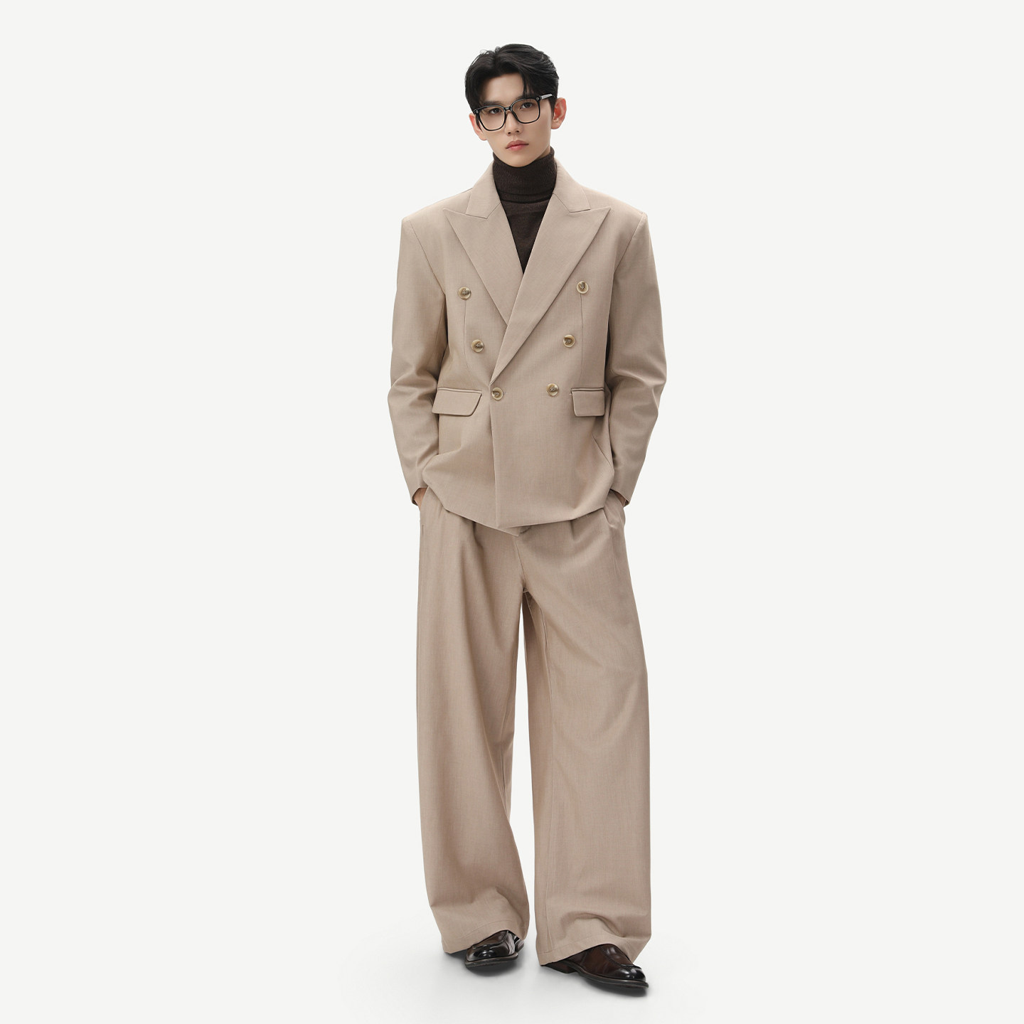 TURNTIDE 莱赛尔羊毛混纺双排扣西服套装平驳领西装外套阔腿西裤