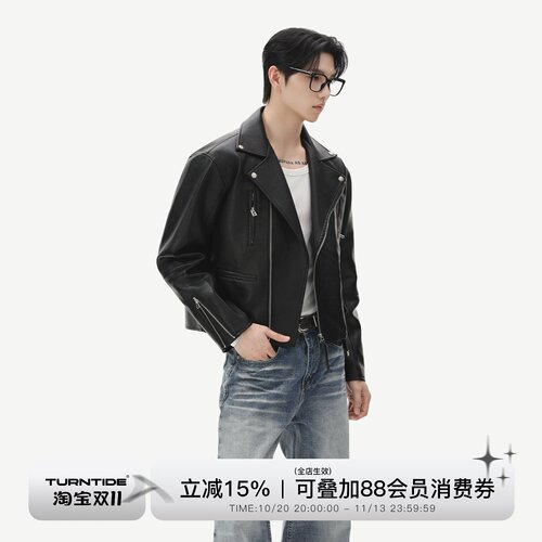 TURNTIDE西装领金属拉链夹克皮衣