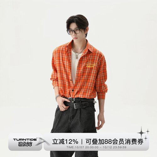 TURNTIDE美式复古小众撞色格子衬衫长袖外套男百搭宽松休闲上衣