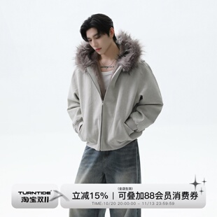 TURNTIDE仿狐狸毛重磅座山雕毛领连帽棉服男加绒加厚宽松短款外套