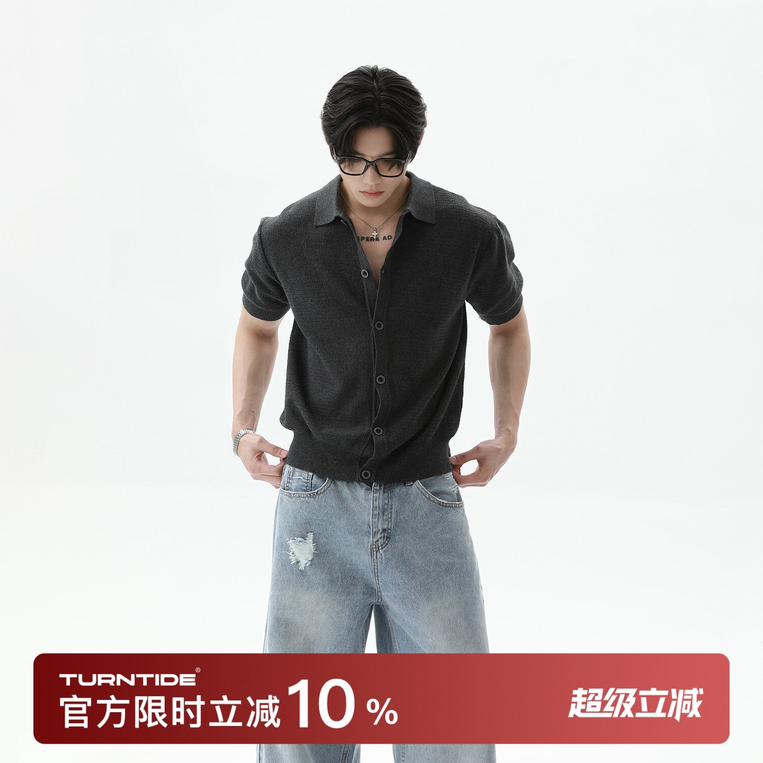 TURNTIDE 复古翻领排扣针织短袖开衫宽松百搭简约休闲通勤夏季T恤图片