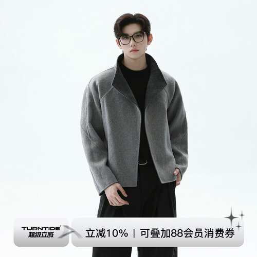 TURNTIDE 100%羊毛双面穿短款大衣保暖毛呢夹克宽松休闲翻领外套