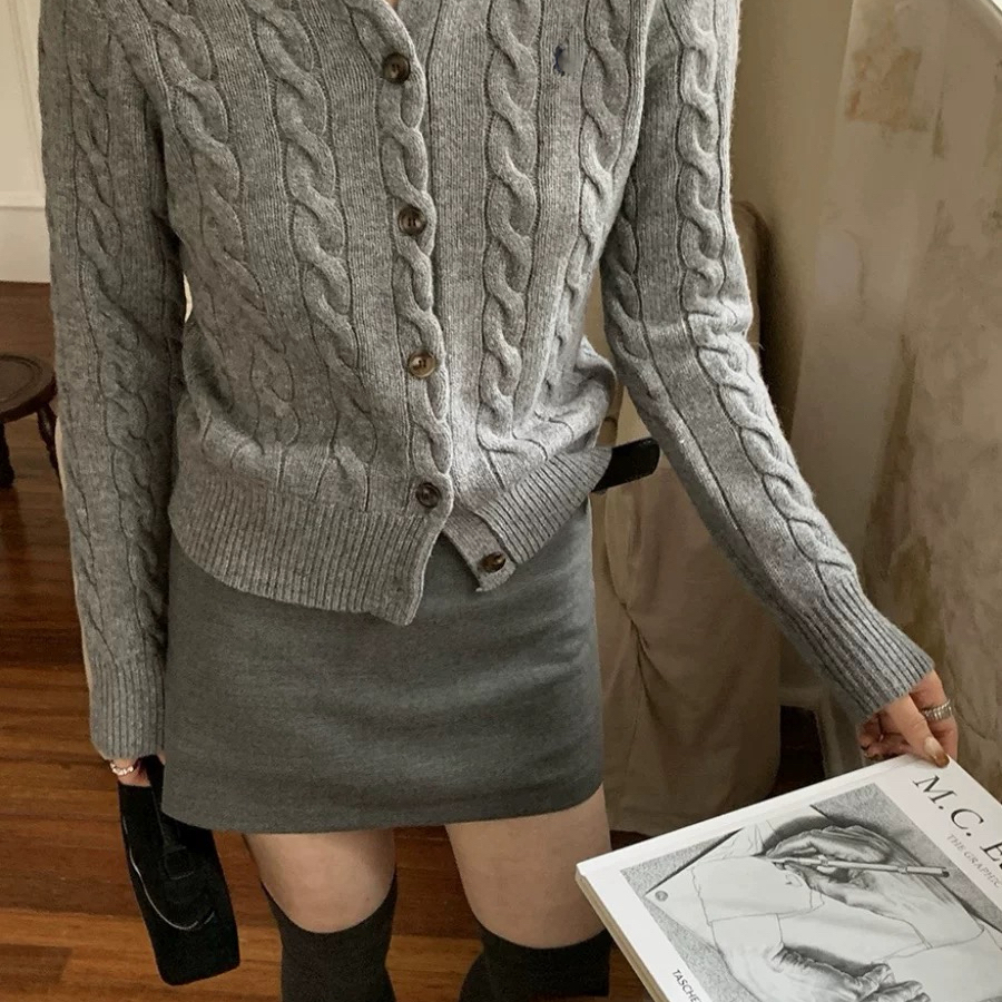 90%羊毛10%羊绒拉夫针织老钱风开衫麻铰花小马圆领毛衣外套