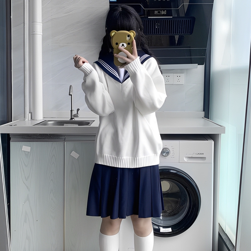 学院风JK制服白色套头毛衣女日系V领针织衫长袖上衣叠穿内搭外套