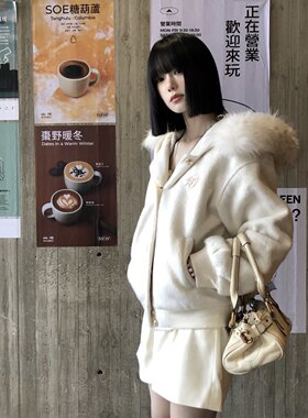 新爆款学院风连帽毛呢子外套女冬季保暖加厚夹棉衣服学生毛领上衣