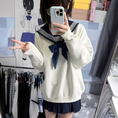 JK制服白色套头V领毛衣女日系学院风叠穿内搭外套针织衫长袖上衣
