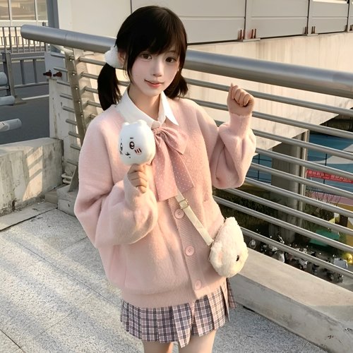 jk制服粉色毛茸茸开衫毛衣女日系学院风小个子毛绒绒外搭外套秋冬