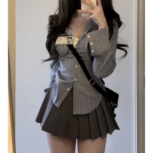 学院风辣妹小众设计感长袖 女美式 条纹衬衣 纯欲收腰衬衫 jk制服套装