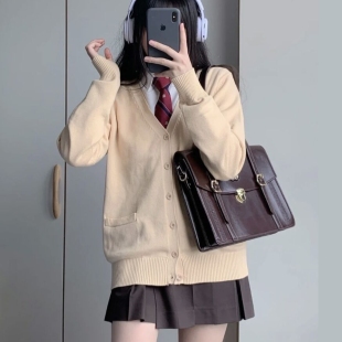 宽松慵懒外套 V领长袖 JK制服开衫 毛衣女秋冬日系学院风百搭针织衫