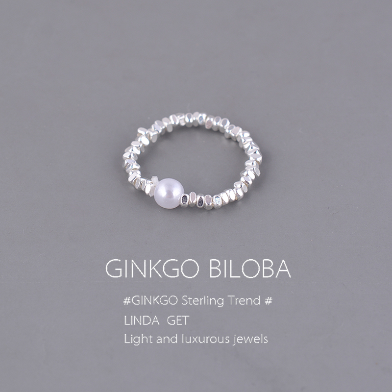 925纯银珍珠戒指碎银子指环食指