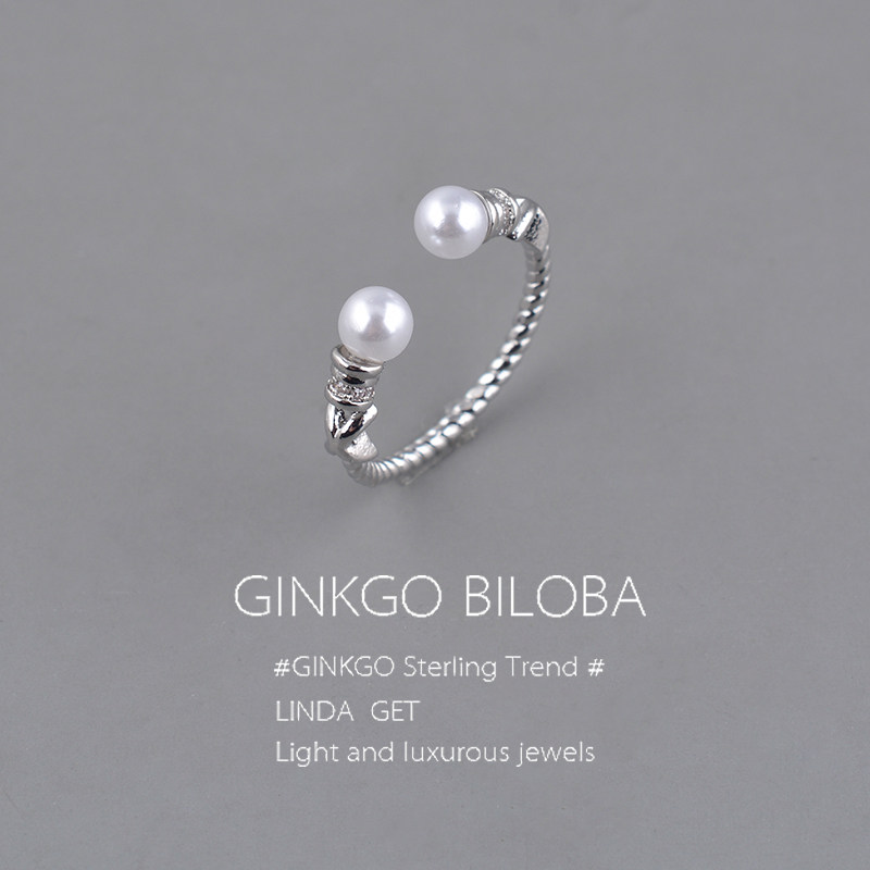 925纯银麻花双珍珠开口戒指小众排钻食指戒轻奢高级叠戴指环刻字