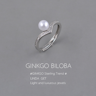 925纯银珍珠戒指女冷淡风食指戒指环高级轻奢小众设计可调节刻字