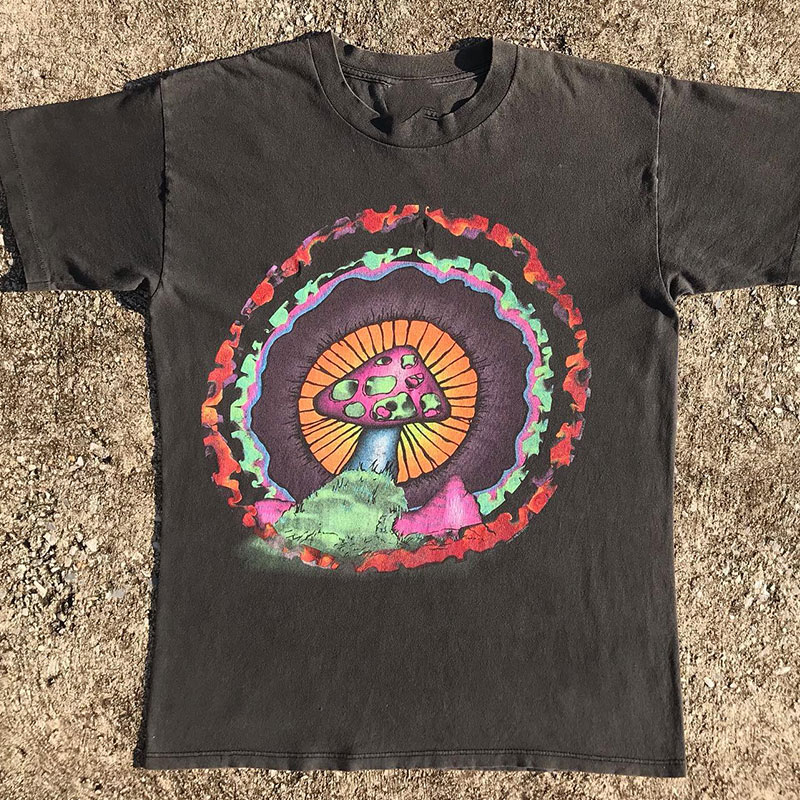 vintage古着趣味创意彩色蘑菇潮牌印花短袖美式街头oversizet恤潮