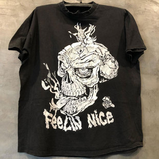 FOG摇滚风趣味创意骷髅头潮牌印花短袖高街vintage古着重磅棉T恤