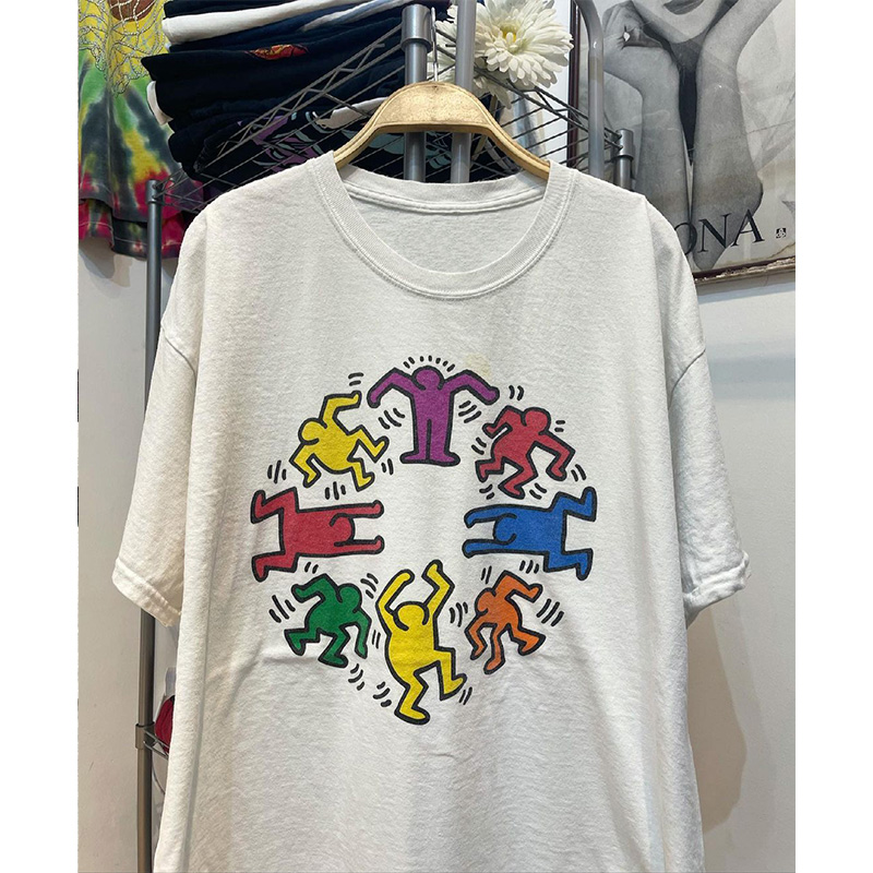 凯斯哈林Keith Haring街头涂鸦之父手绘线稿图案奶白色T恤短袖男