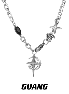 GUANG黑宝石芒星十字架项链男生小众设计欧美嘻哈高级感锁骨链女