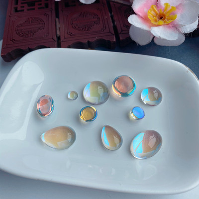 古风幻彩琉璃圆形水滴步摇戒面