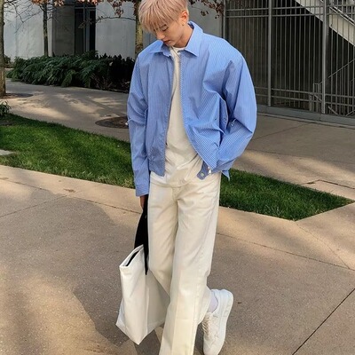 春秋季条纹衬衫男长袖日系复古潮牌宽松百搭休闲情侣潮流外套ins