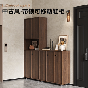 楼道鞋柜定制家用电梯门外一体可移动带锁2025新款中古风储物柜