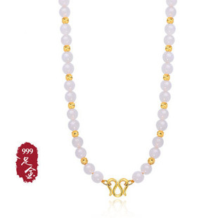 天然和田白玉项链女K金转运珠项链金镶玉挂绳黄金吊坠绳金珠生日