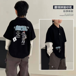 大E小e童装2025秋装新款男童女童假两件卫衣翻领长袖儿童T恤5508