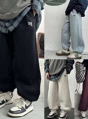 爱木橦童装冬新款男童女童刺绣束脚儿童运动裤加绒裤一体绒7361