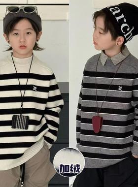嗨大E小e童装冬新款男童女童上衣百搭条纹加绒一体绒毛衣82053