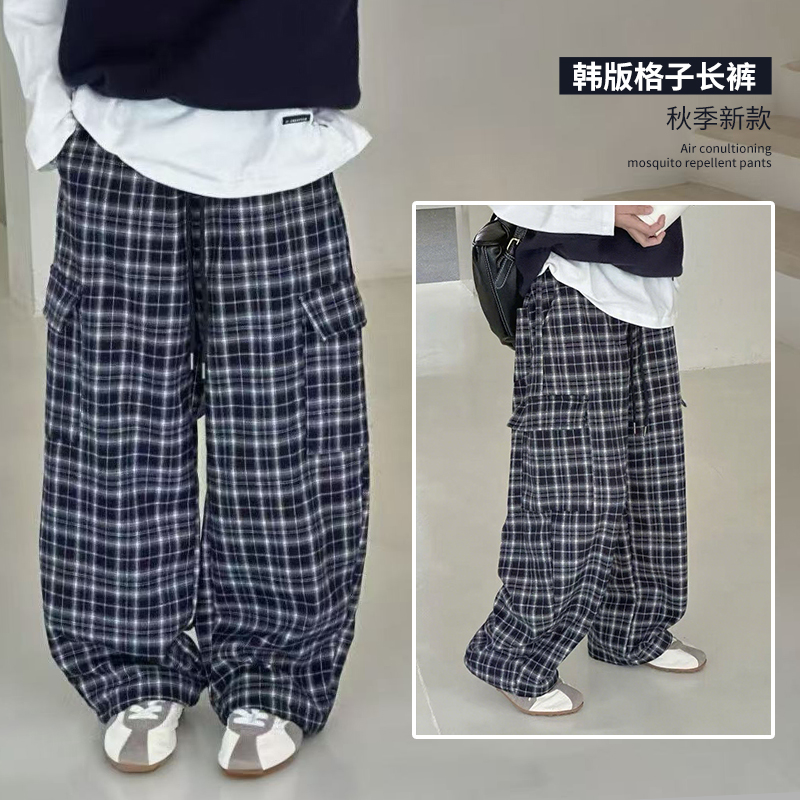 爱木橦童装25秋季男童女童新款韩版格子裤儿童直筒裤子工装裤7782