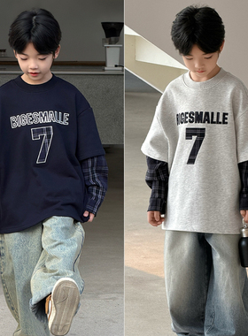 大E小e童装2026春装新款长袖男童女童假两件T恤儿童纯棉卫衣25265