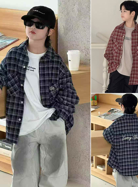 大E小e童装25秋装新款男童女童刺绣柔软磨毛格子衬衫儿童外套2817