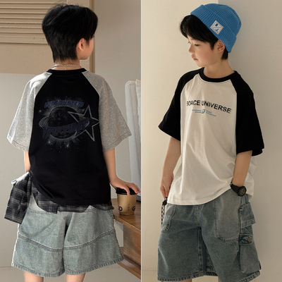 大E小e儿童潮牌撞色宽松纯棉短袖