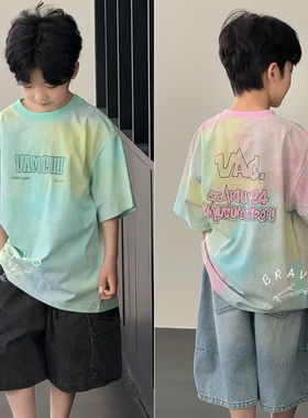 布芮欧25夏装儿童新款男童女童短袖童装韩版宽松扎染T恤上衣77028