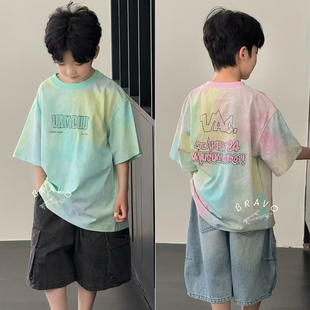 韩版 布芮欧25夏装 童装 儿童新款 宽松扎染T恤上衣77028 男童女童短袖