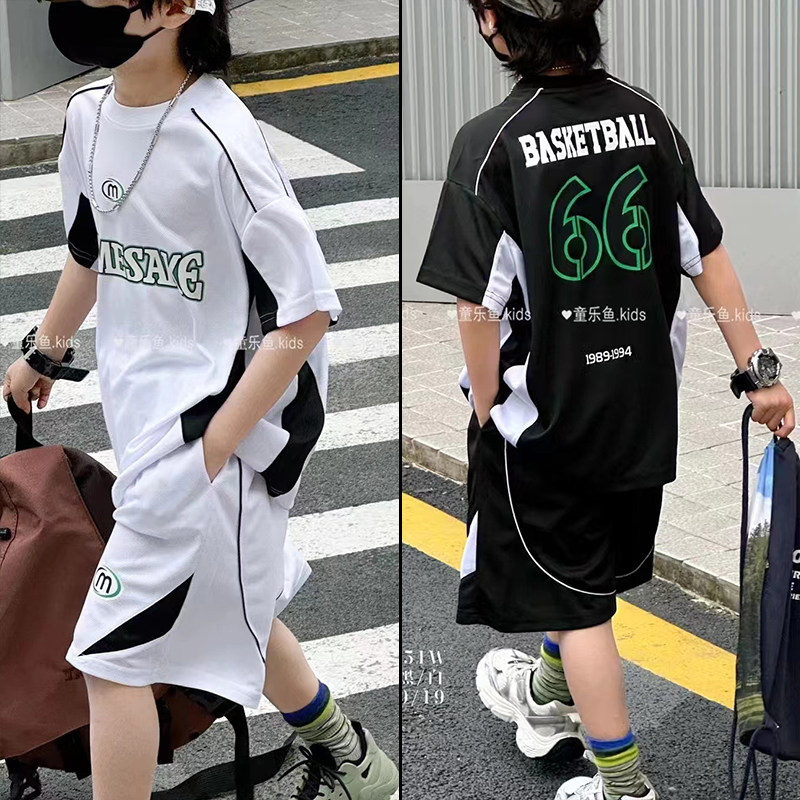 童乐鱼童装夏季男童女童运动球服短袖中裤超薄透气凉感套装57351