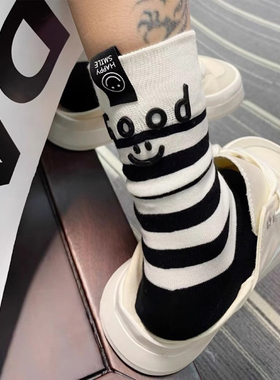 YouSocks后跟good脸条纹标潮袜运动外穿搭配鲨鱼裤中筒袜男女百搭