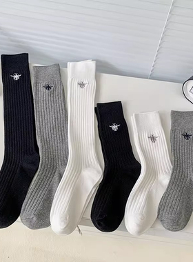 YouSocks秋冬刺绣小蜜蜂长袜子女双针纯棉纯色小腿袜ins潮简约款