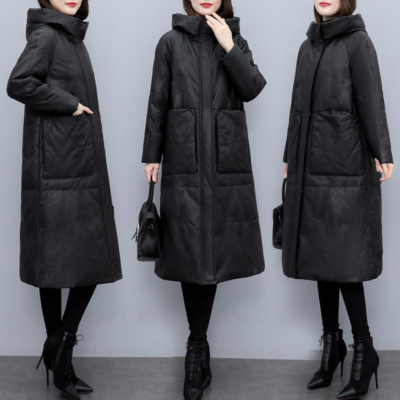 海宁2025冬季新款 女真皮羽绒连帽宽松大码真皮绵羊皮长款外套,女装/女士精品,大码羽绒服,淘宝优惠券,粉丝福利购,淘宝优惠卷