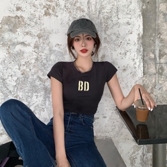 實拍實價不減  彈力顯瘦百搭圓領印花短款t恤上衣