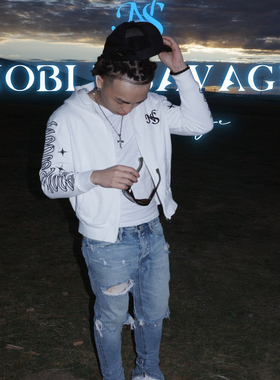 NS刺绣四芒星美式复古字母印花连帽卫衣男女情侣拉链开衫外套白色