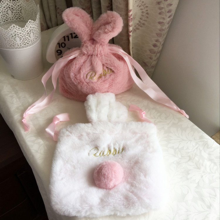 收纳袋可爱刺绣长耳朵兔子白色绒绒尾巴束口袋化妆收纳袋