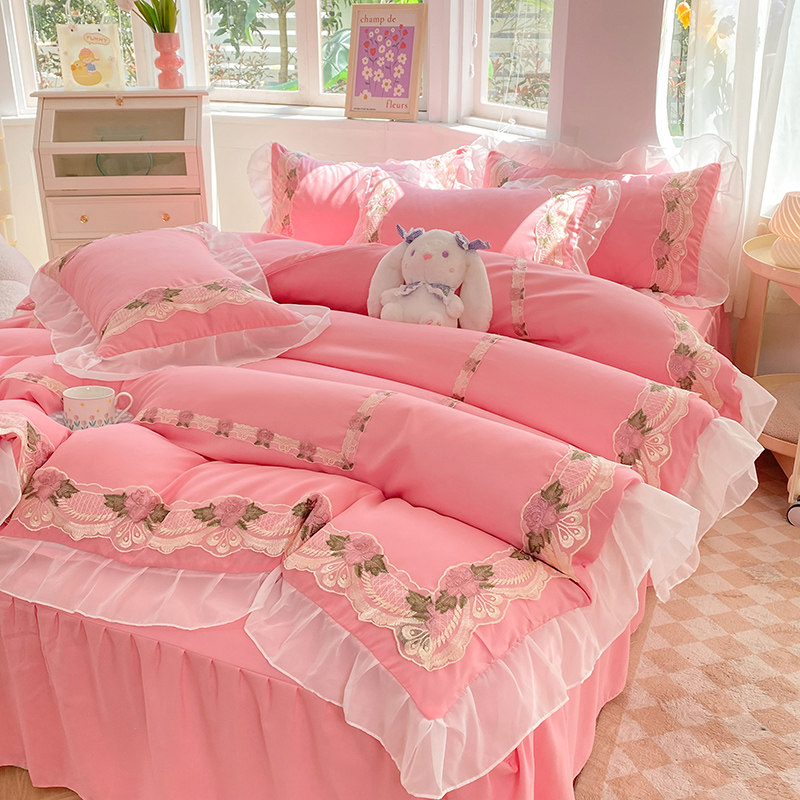 法式韩版公主风床裙四件套水洗棉蕾丝花边床单刺绣被套四季通用