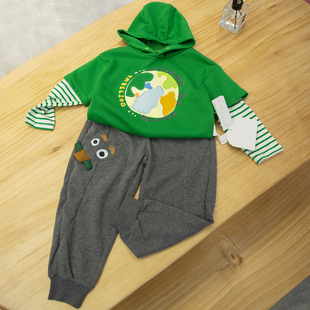 假两件卫衣 男童女童真洋气的绿色假两件条纹戴帽卫衣