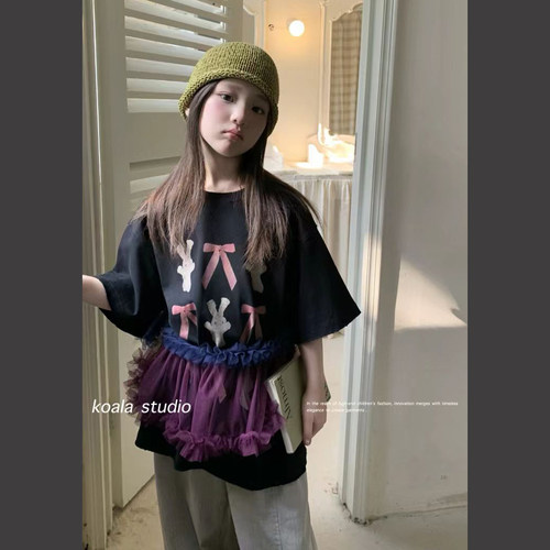 潮牌koala童装！女童设计款大蝴蝶结潮范儿可亲子宽松短袖T恤