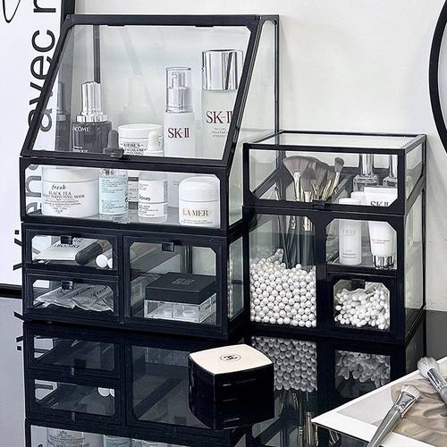 玻璃化妆品收纳盒轻奢高级感梳妆台护肤品香水口红置物架透明防尘