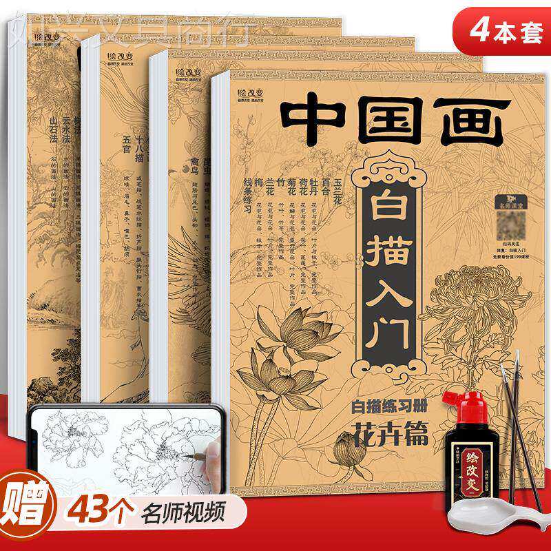 中国画白描入门描摹本国画工笔花卉人物美术套装画本工具描红书初