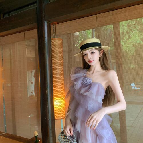 实拍~雾纱奶杏 海边度假连衣裙公主裙女夏季斜肩荷叶边蛋糕裙
