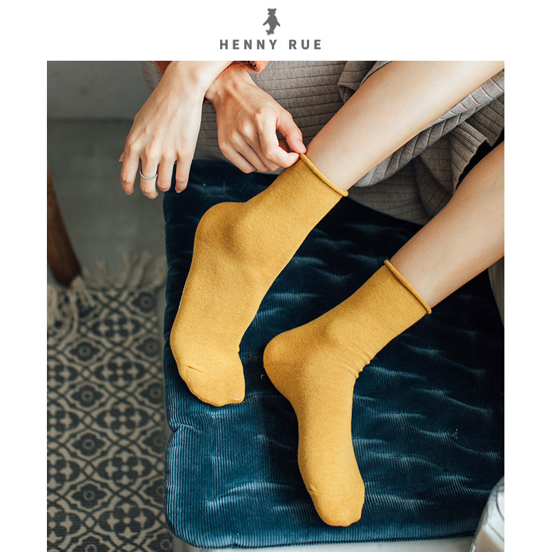 HENNY RUE秋冬新款中筒袜子休闲纯色短袜卷边女袜韩版学院风棉袜