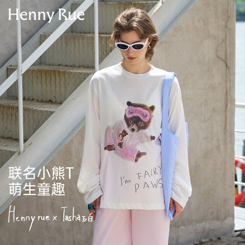 HENNY RUE亨尼露春夏女士可爱甜美小熊插画联名印花大版长袖T恤